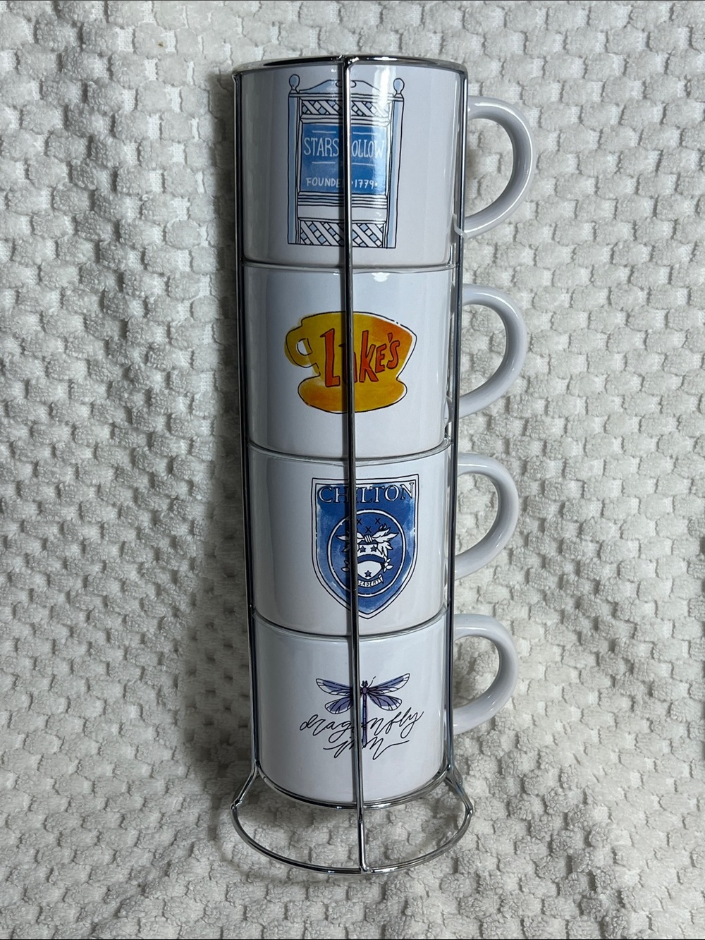 Gilmore Girls Stackable White Ceramic Mug Set with Metal Stand
